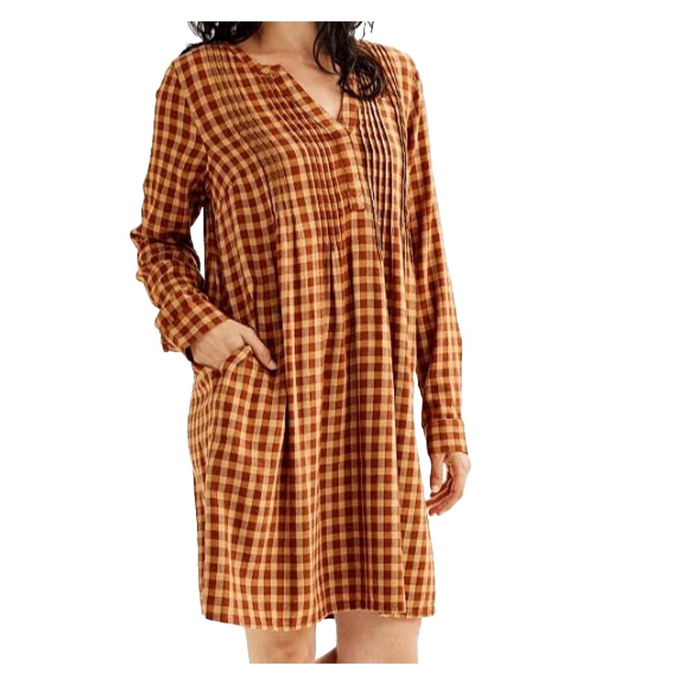 Sonoma Shift Dress Womens 1X Brown Gingham Pintuck Long Sleeve Rayon Pleated
